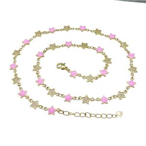 Copper Star Necklace Pave Zircon Pink Enamel Gold Plated, approx 7.5mm, 45-50cm length