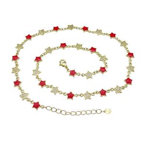 Copper Star Necklace Pave Zircon Red Enamel Gold Plated, approx 7.5mm, 45-50cm length