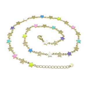 Copper Star Necklace Pave Zircon Multicolor Enamel Gold Plated, approx 7.5mm, 45-50cm length
