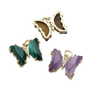 Mixed Gemstone Butterfly Pendant Gold Plated, approx 15-19mm