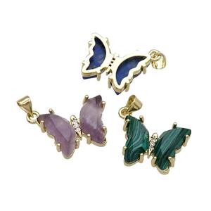 Mixe Gemstone Butterfly Pendant Gold Plated, approx 15-19mm
