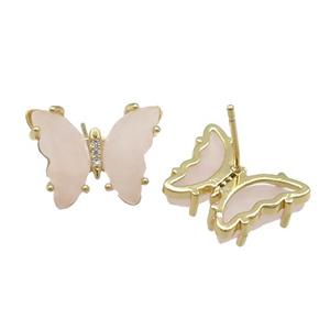 Pink Rose Quartz Butterfly Stud Earring Gold Plated, approx 15-19mm