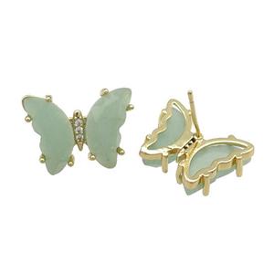 Green Aventurine Butterfly Stud Earring Gold Plated, approx 15-19mm