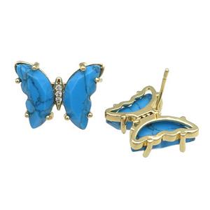 Blue Turquoise Butterfly Stud Earring Dye Gold Plated, approx 15-19mm