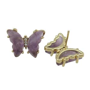Purple Amethyst Butterfly Stud Earring Gold Plated, approx 15-19mm