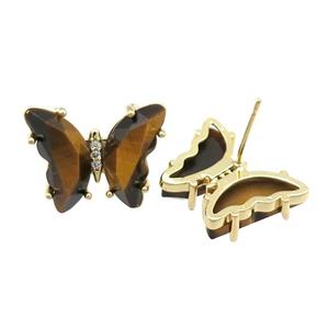 Yellow Tiger Eye Butterfly Stud Earring Gold Plated, approx 15-19mm