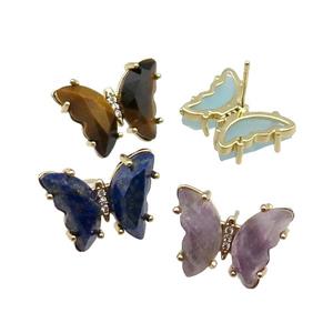 Mix Gemstone Butterfly Stud Earring Gold Plated, approx 15-19mm