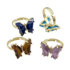 Mix Gemstone Ring Adjustable Gold Plated, approx 15-19mm, 18mm dia