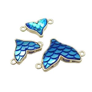 Copper Mermaid Tail Pendant With 2loops Blue Resin Gold Plated, approx 13-16mm