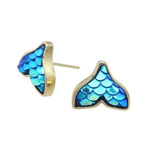 Copper Mermaid Tail Stud Earring Blue Resin Gold Plated, approx 13-16mm