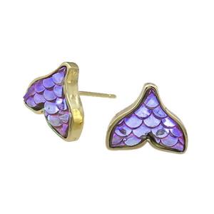 Copper Mermaid Tail Stud Earring Purple Resin Gold Plated, approx 10-13.5mm