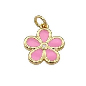 Copper Flower Pendant Pink Enamel Gold Plated, approx 12.5mm