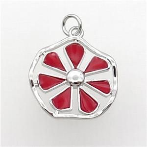 Copper Flower Pendant Red Enamel Platinum Plated, approx 19mm