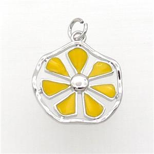 Copper Flower Pendant Yellow Enamel Platinum Plated, approx 19mm