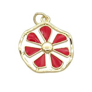 Copper Flower Pendant Red Enamel Gold Plated, approx 19mm