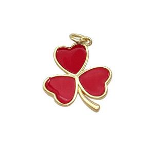 Copper Clover Pendant Red Enamel Gold Plated, approx 15.5-17.5mm