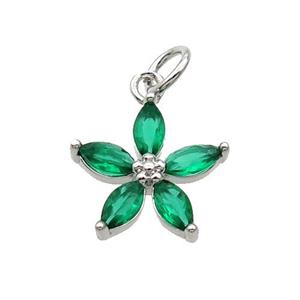 Copper Flower Pendant Pave Green Crystal Platinum Plated, approx 12.5mm