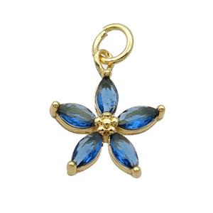 Copper Flower Pendant Pave Blue Crystal Gold Plated, approx 12.5mm