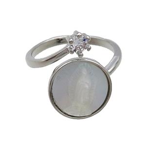 Copper Ring Pave Zircon Jesus MOP Shell Platinum Plated, approx 5mm, 13.5mm, 18mm dia