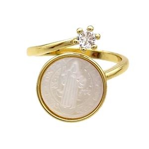 Copper Ring Pave Zircon Jesus MOP Shell Gold Plated, approx 5mm, 13.5mm, 18mm dia