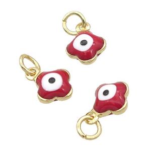 Copper Clover Pendant Red Enamel Eye 18K Gold Plated, approx 6.5mm