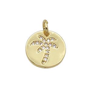 Copper Circle Pendant Pave Zircon Coconut Tree Unfade 18K Gold Plated, approx 12mm
