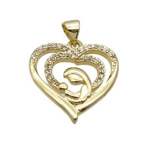 Copper Heart Pendant Baby Mom Pave Zircon Unfade 18K Gold Plated, approx 20mm