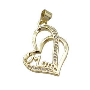 Copper Heart Pendant Pave Zircon Mom Unfade 18K Gold Plated, approx 18-21mm