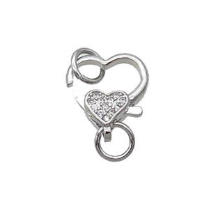 Copper Lobster Clasp Pave Zircon Heart Unfade Platinum Plated, approx 10-13mm