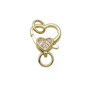 Copper Lobster Clasp Pave Zircon Heart Unfade 18K Gold Plated, approx 10-13mm