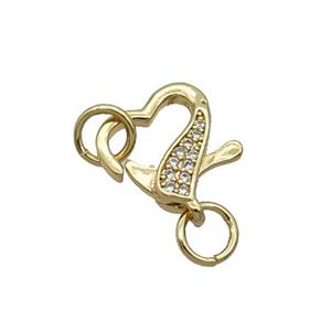 Copper Lobster Clasp Pave Zircon Heart Unfade 18K Gold Plated, approx 12-13mm