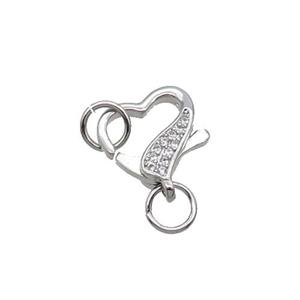 Copper Lobster Clasp Pave Zircon Heart Unfade Platinum Plated, approx 12-13mm