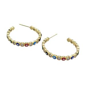 Copper Stud Earring Pave Zircon Multicolor Enamel Evil Eye Gold Plated, approx 4mm, 30mm dia