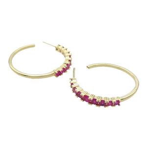 Copper Stud Earring Pave Hotpink Zircon Gold Plated, approx 3.5-4.5mm, 30mm dia