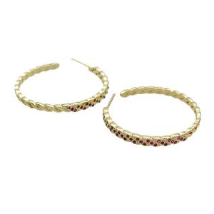Copper Stud Earring Pave Hotpink Zircon Gold Plated, approx 3.5mm, 35mm dia