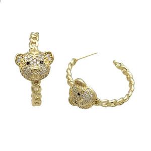 Copper Stud Earring Pave Zircon Bear Gold Plated, approx 16mm, 30mm dia