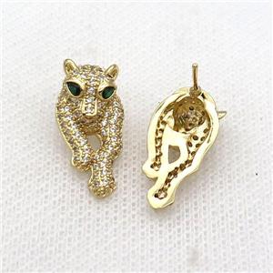 Copper Stud Earring Pave Zircon Leopard Gold Plated, approx 11-22mm