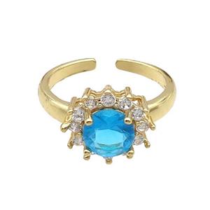 Copper Ring Pave Zircon Blue Crystal Gold Plated, approx 12mm, 18mm dia