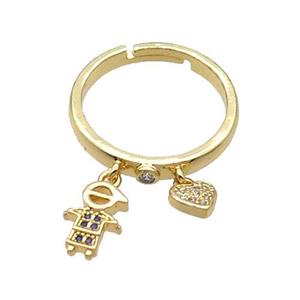 Copper Ring With Boy Heart Pave Zircon Adjustable Gold Plated, approx 6mm, 6-10mm, 18mm dia
