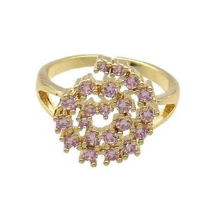 Copper Ring Rebirth Pave Pink Zircon Adjustable Gold Plated, approx 13-16mm, 18mm dia