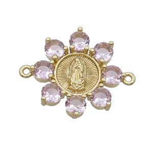 Copper Flower Connector Pave Pink Crystal Jesus Gold Plated, approx 24mm