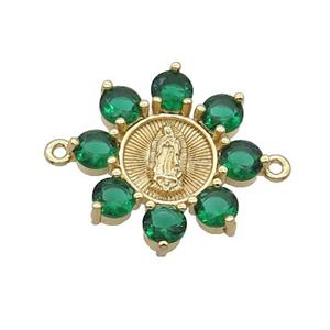 Copper Flower Connector Pave Green Crystal Jesus Gold Plated, approx 24mm