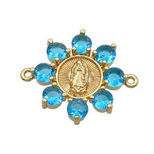 Copper Flower Connector Pave Blue Crystal Jesus Gold Plated, approx 24mm