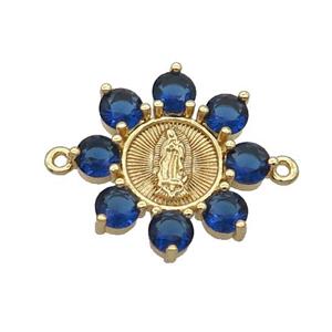 Copper Flower Connector Pave Darkblue Crystal Jesus Gold Plated, approx 24mm
