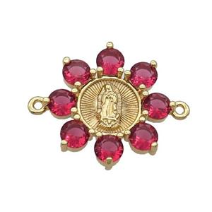 Copper Flower Connector Pave Red Crystal Jesus Gold Plated, approx 24mm