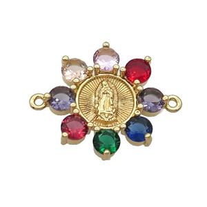 Copper Flower Connector Pave Multicolor Crystal Jesus Gold Plated, approx 24mm