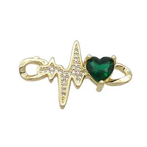Copper Cardiogram Heart Connector Pave Zircon Green Gold Plated, approx 18-30mm