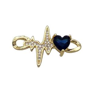 Copper Cardiogram Heart Connector Pave Zircon Darkblue Gold Plated, approx 18-30mm