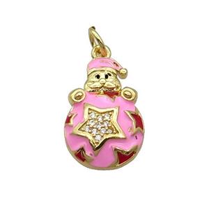 Copper Santa Claus Pendant Pave Zircon Pink Enamel Gold Plated, approx 12.5-18mm