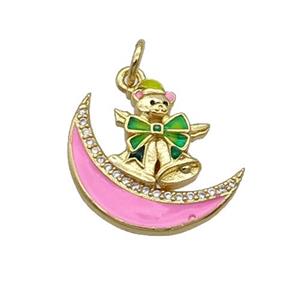 Copper Moon Pendant Pave Zircon Pink Enamel Mouse Gold Plated, approx 18mm